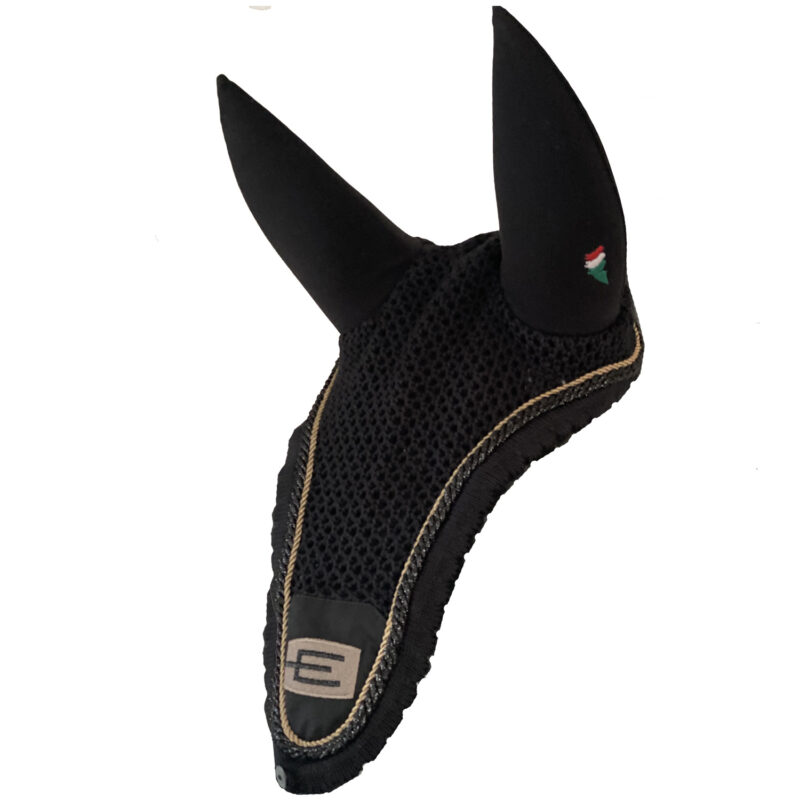 Equiline E-logga Loop tävlingshuva vadderad i svart med svartglitter/beige passpoal